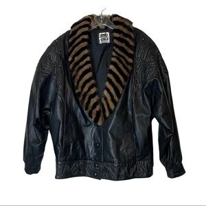 SAGA Mink Sz L Mink Collar Leather Studded Black Jacket